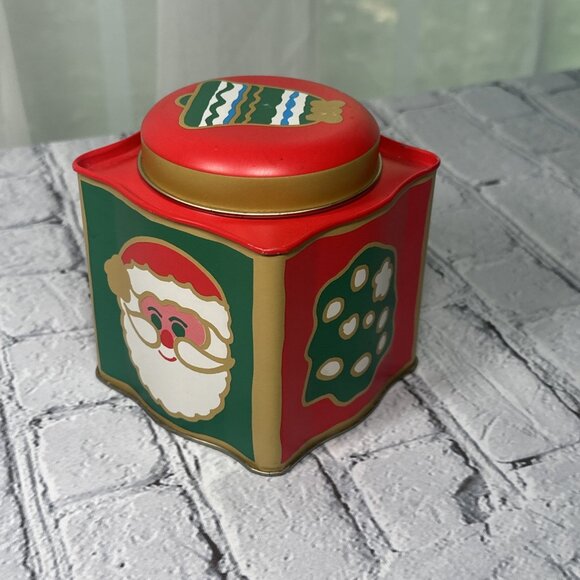 Vintage Santa Bell Poinsettia Cube Shaped Christmas metal tin 5” - Picture 1 of 13